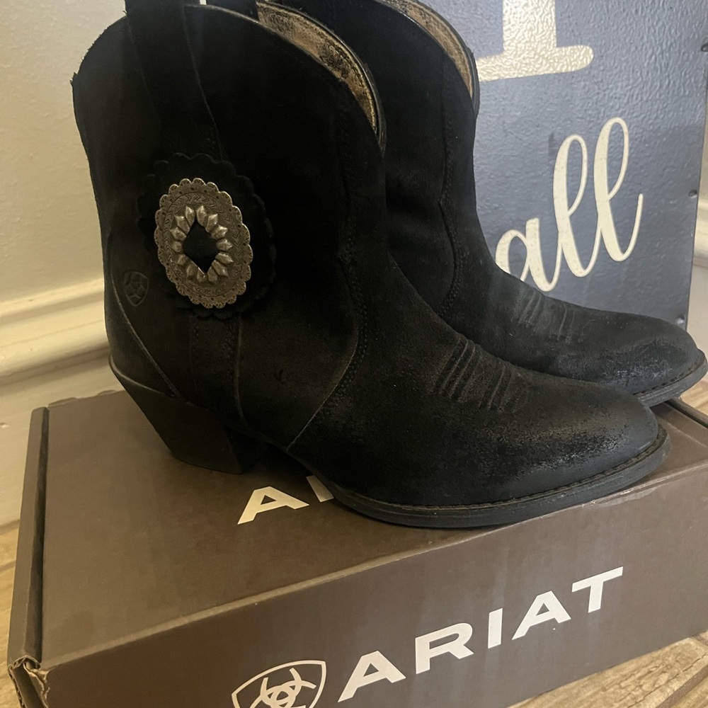 Ariat Black Suede Western Ankle Boots with Silver Concho